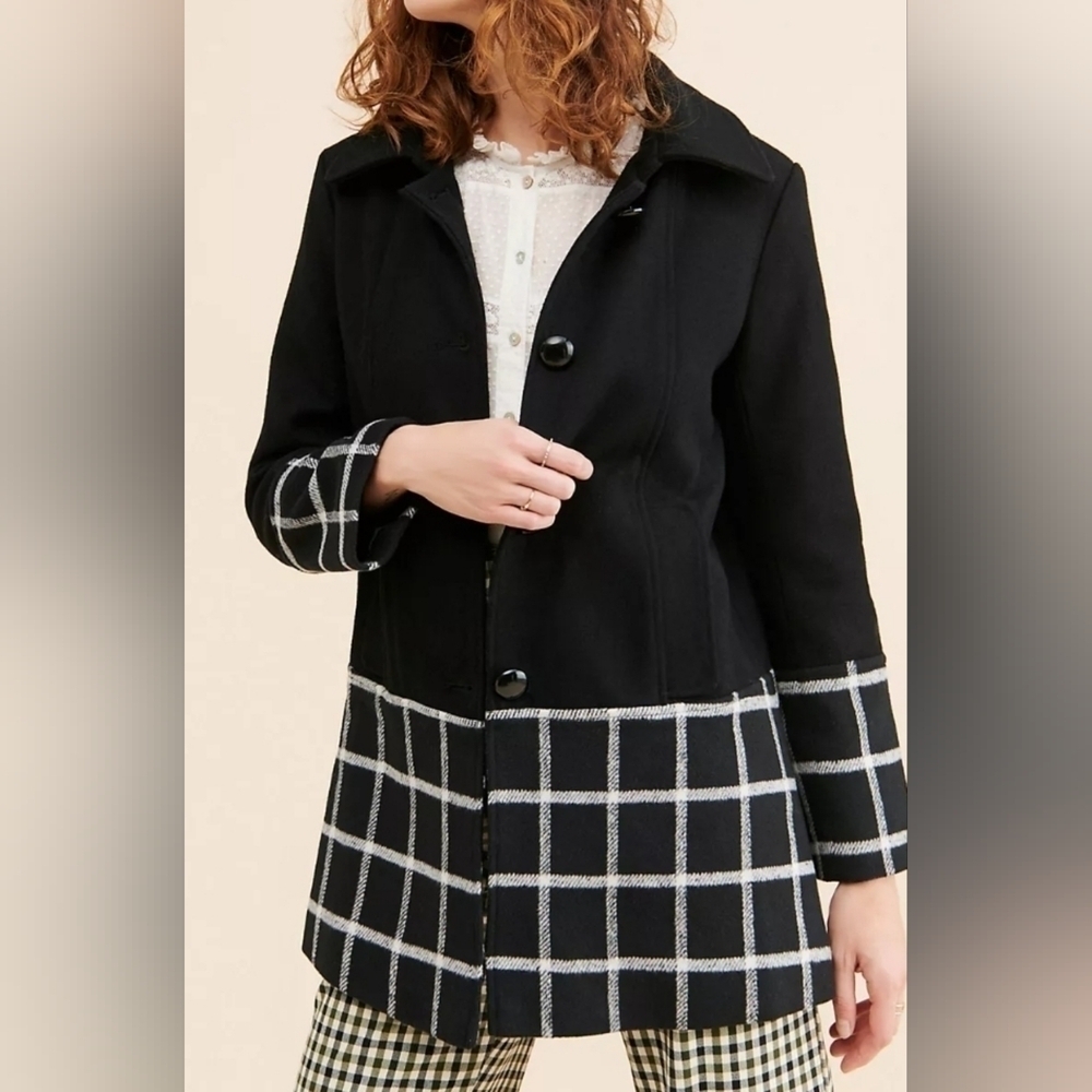 Hutch Black Wool Blend Peacoat with Windowpane Plaid Hem & Cuffs, Size Small